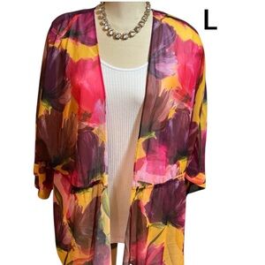 MELANIE LYNE Kimono Size Large Colourful Stretchy Waist at Back Short Sleeves